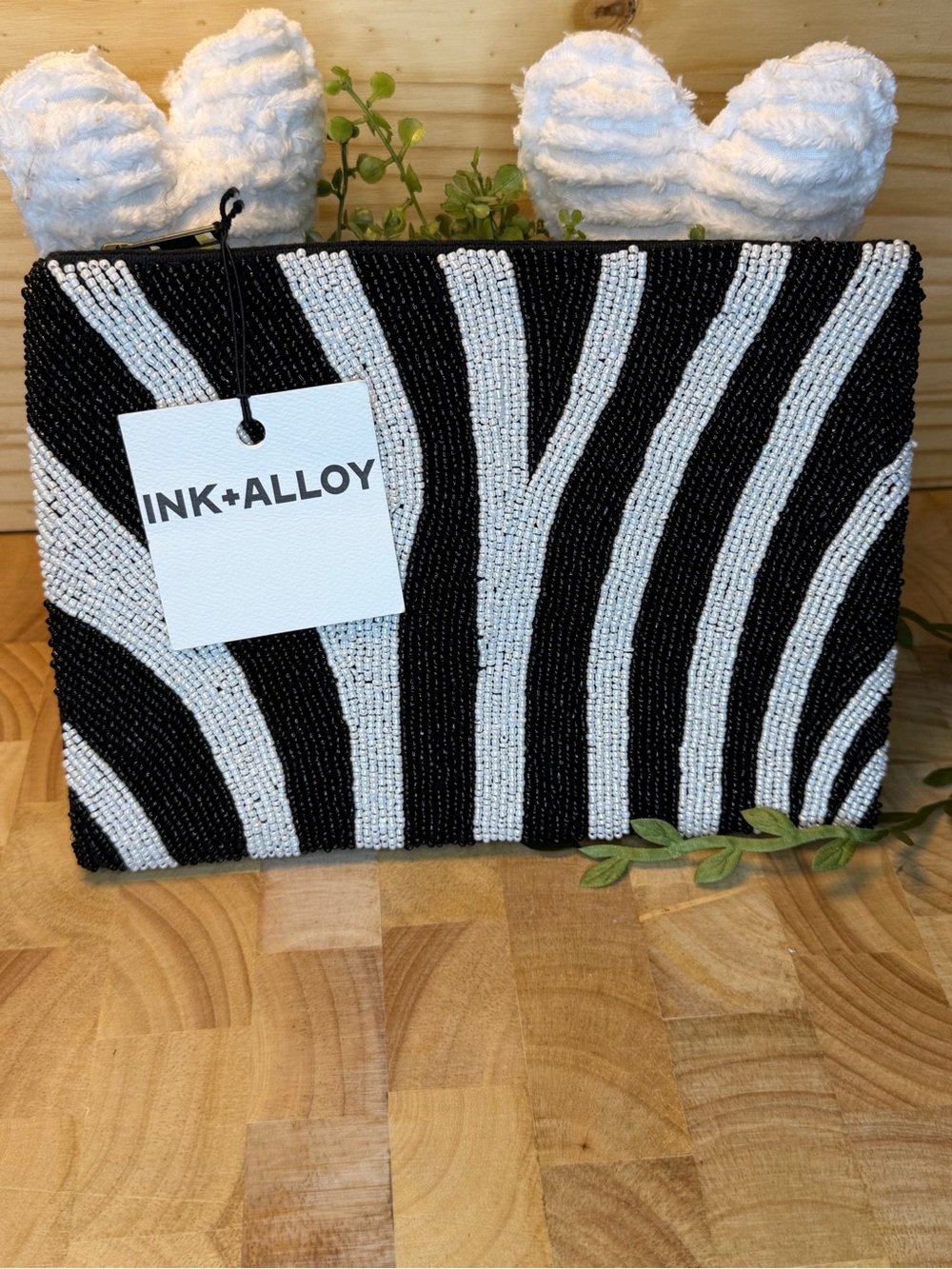 Ink+Alloy Black & White Beaded Zebra Clutch
